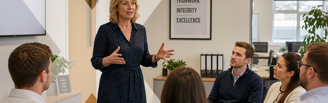 A manager speaking to employees about a new corporate wellness programme in an office space