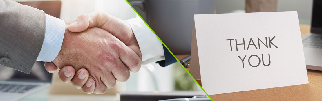 A split image of shaking hands and a thank you card, showing the difference between employee rewards and employee recognition