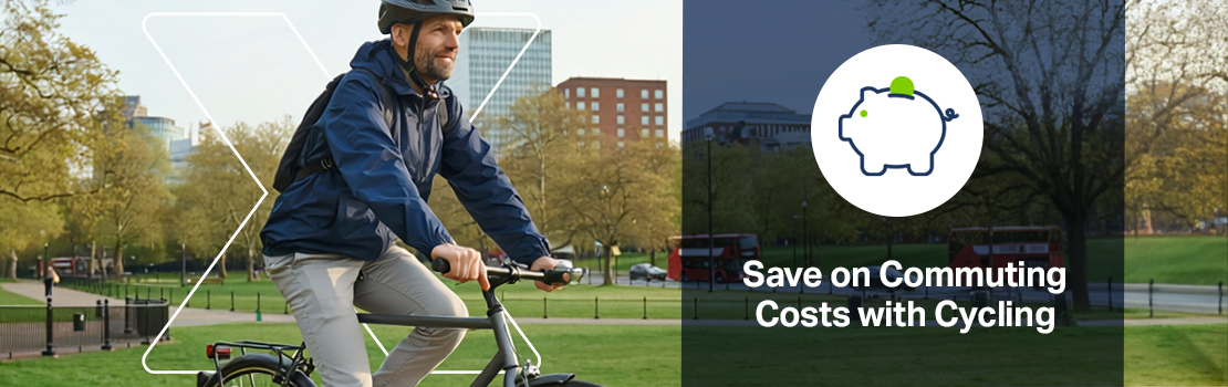 A person cycle commuting to work, showing that money can be saved on the cost of commuting to work