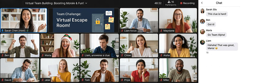A screenshot style image showing multiple people on a group calling, engaging in remote team building for team morale