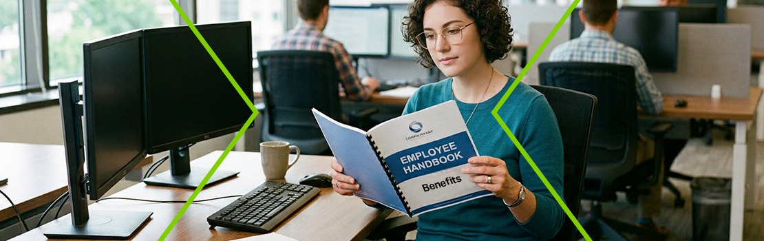 An employee sitting at their office desk, reading an employee handbook that explains the fringe benefits available to them