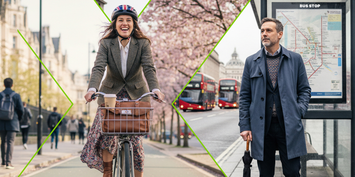 A split image showing a man waiting for a bus on one side and a woman cycling to work with a smile on the other, demonstrating how cycling helps people save on the cost of commuting to work