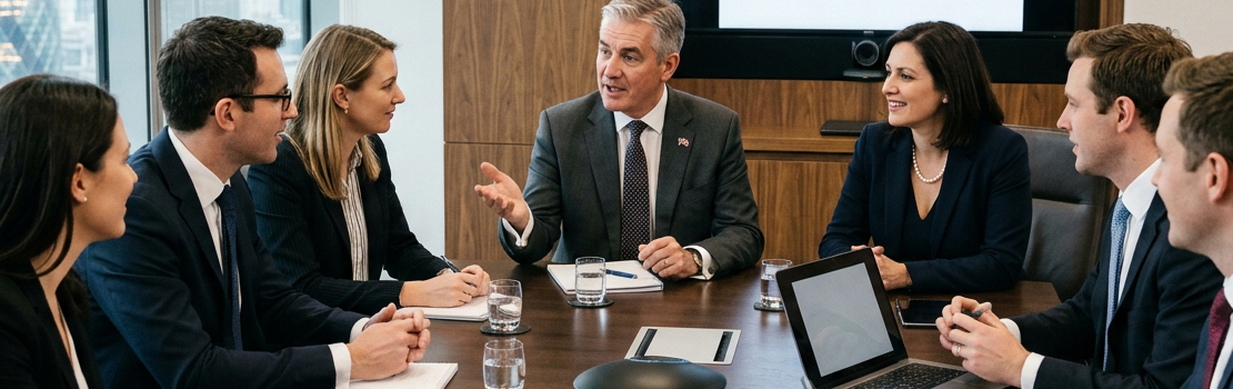 A group of higher-up managers having a meeting about employee rewards in the board room