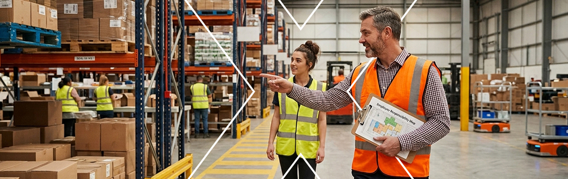 A warehouse manager investing in learning and development with a warehouse employee, showing how career progression can be a strong non-financial reward