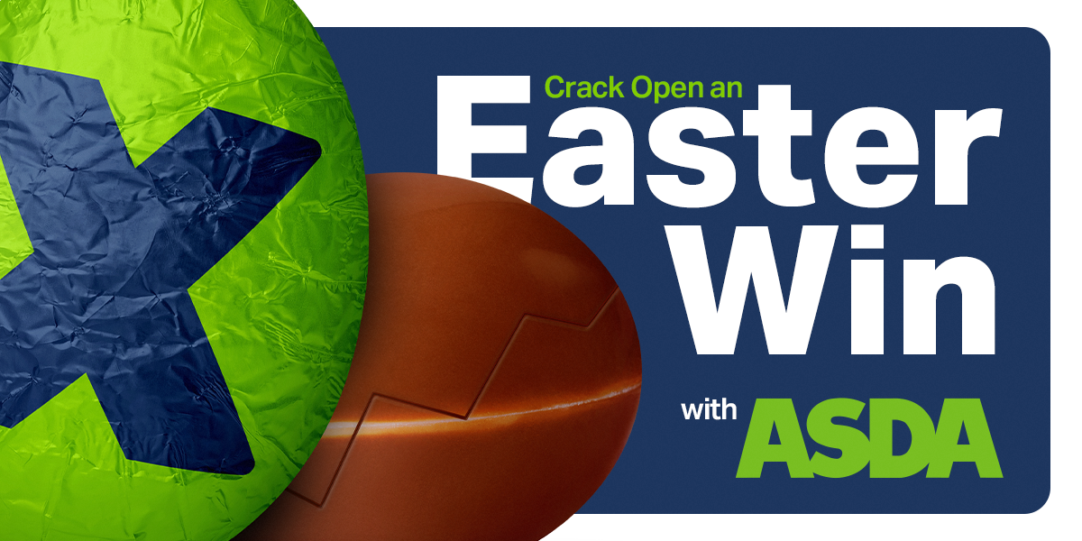 Image of two Easter eggs. One wrapped in green foil with a blue 'X'. Text reads: 'Crack open an Easter Win with ASDA' 
