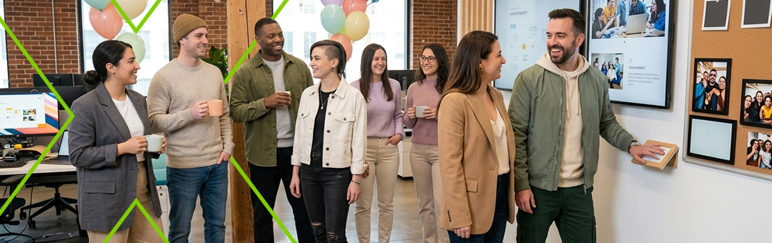 A small office party to celebrate success, showing how an ongoing culture of recognition is central to staff recognition ideas