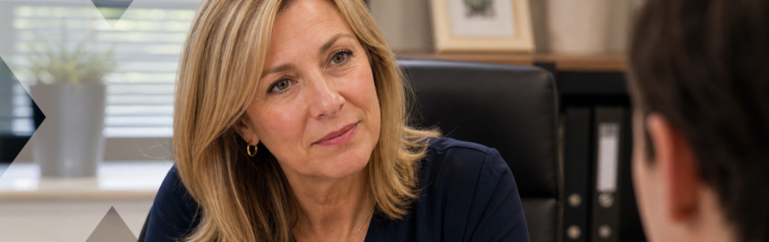 An office manager listening to an employee thoughtfully, answering the first stage of the question "how can managers support employee wellbeing?"